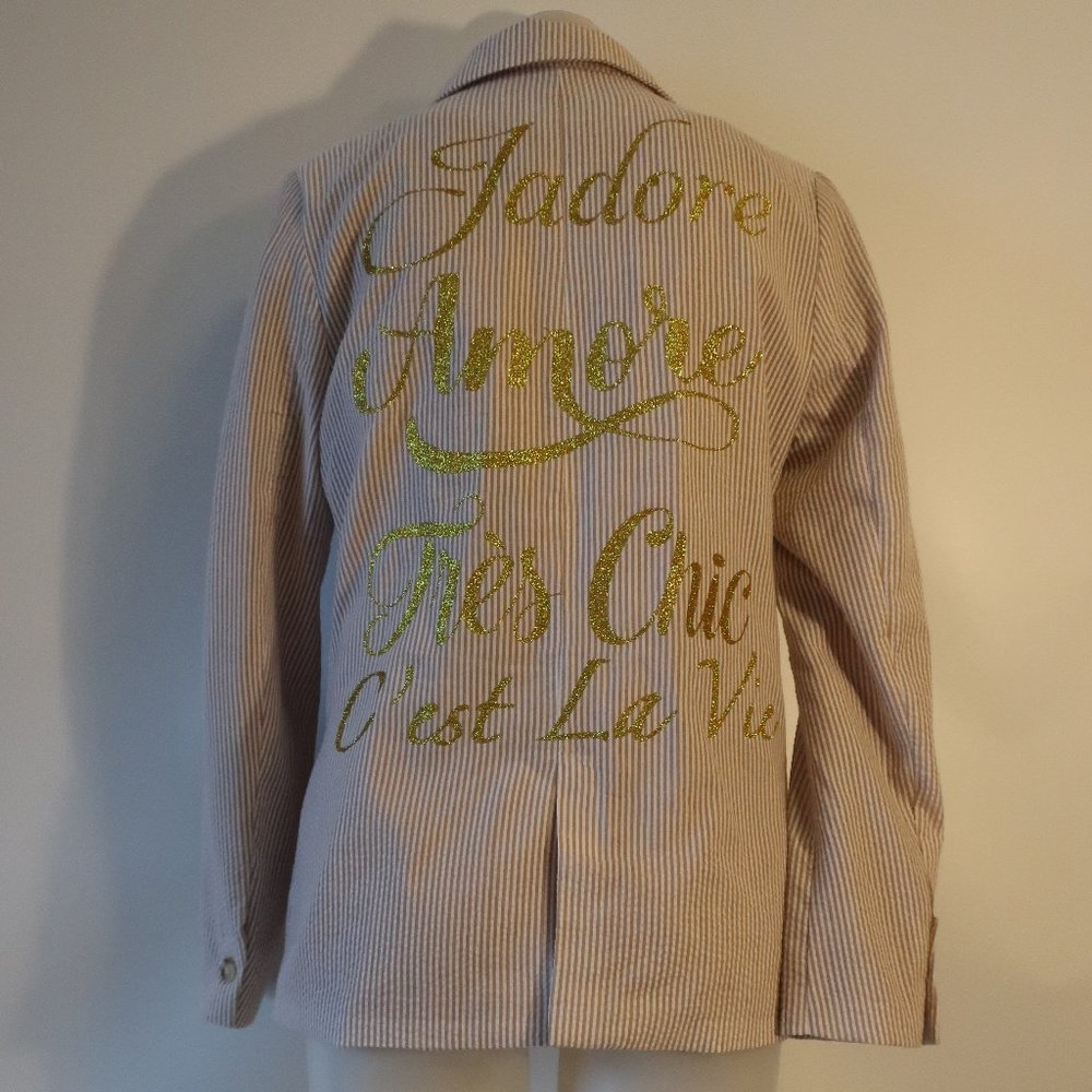 Womens Moving Forward Designs Tan White Jadore Amore Seersucker Jacket Blazer S*
